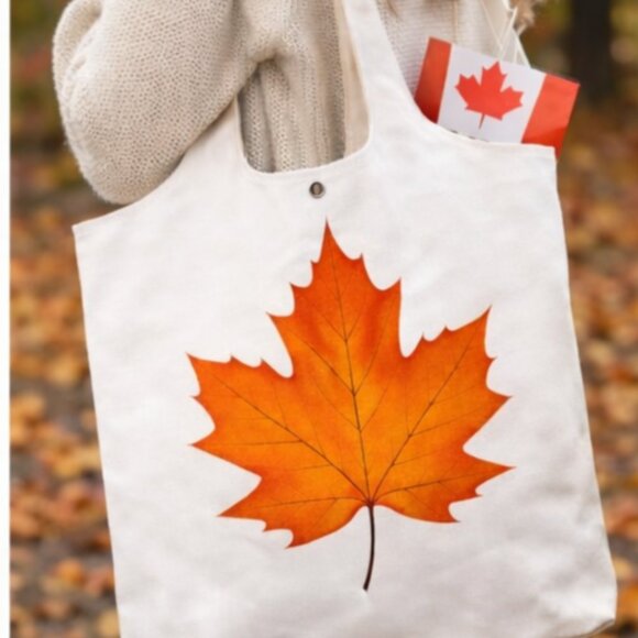White Canvas Tote Bag with Maple Leaf Print | Reusable Eco Tote - Picture 3 of 6